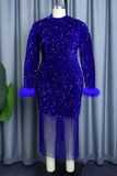 Aovica- Blue Party Formal Patchwork Tassel Sequins Half A Turtleneck Long Sleeve Dresses