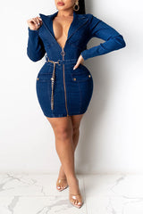 AOVICA Blue On-trend Zipper Denim Mini Dress