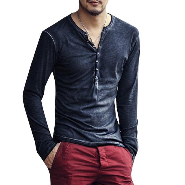 Aovica-Men Shirt V-Neck Long Sleeve Tee Tops Stylish Slim T-Shirt Button Casual Male Clothing Plus Size