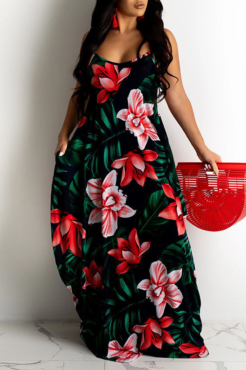 Aovica-Red Green Sweet Print Patchwork Spaghetti Strap Sling Dress Plus Size Dresses