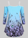 Aovica-Plus Size Butterfly Print Cold Shoulder T Shirt