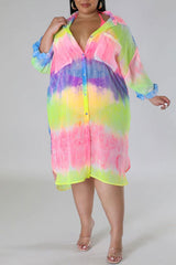 Pink Yellow Casual Plus Size Gradual Change Print Patchwork Turndown Collar Shirt Dress (Subject To The Actual Object )