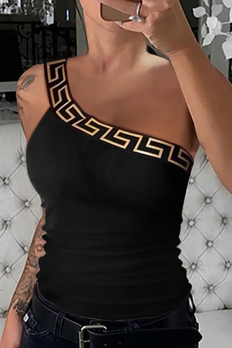 Aovica- Black Sexy Print Patchwork Oblique Collar Tops