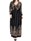 Aovica-Long Sleeves Floral Printed Split-Joint V-Neck Maxi Dresses Plus Dresses