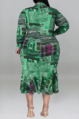 Green Casual Print Patchwork Turndown Collar Long Sleeve Plus Size Dresses