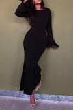 Aovica- Black Celebrities Elegant Solid Feathers Wrapped Skirt Dresses