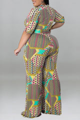 Yellow Casual Print Patchwork V Neck Plus Size Jumpsuits