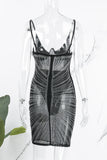 AovicaPink Sexy Patchwork Hot Drilling See-through Backless Spaghetti Strap Sleeveless Dress Dresses