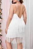 White Sexy Patchwork Tassel Hollowed Out Backless Spaghetti Strap Sleeveless Dress Plus Size Dresses