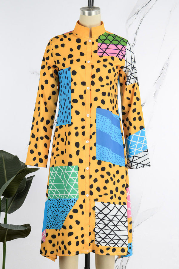 Aovica- Yellow Casual Print Patchwork Mandarin Collar Long Sleeve Dresses