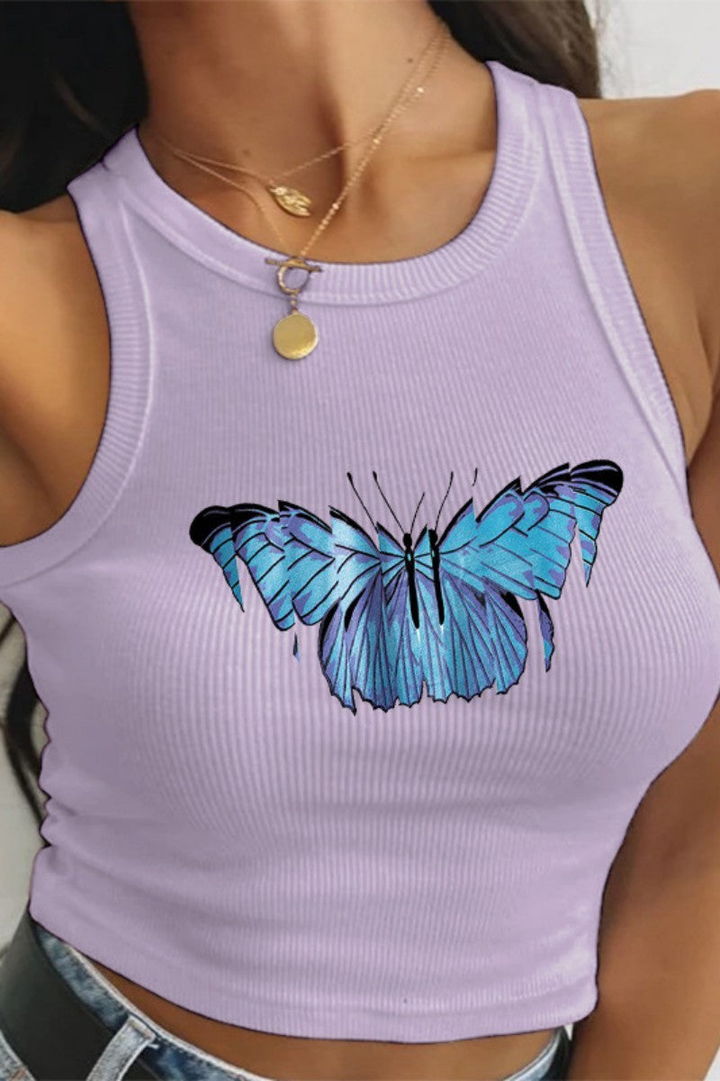 Aovica- Cream White Casual Butterfly Print Basic O Neck Tops