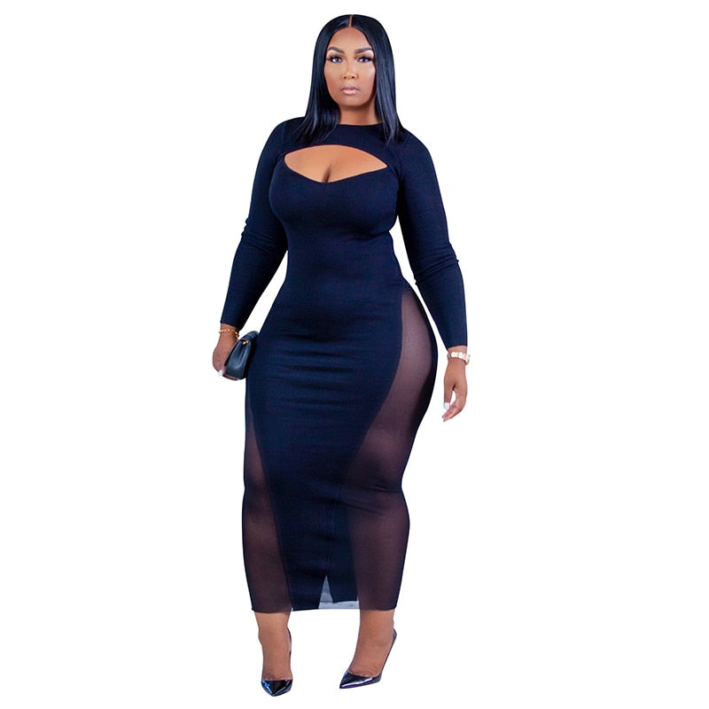 Aovica Woman Fashion Dress Plus Size Clothing Mesh Patchwork  Dresses Bodycon Long Sleeve Black Dress