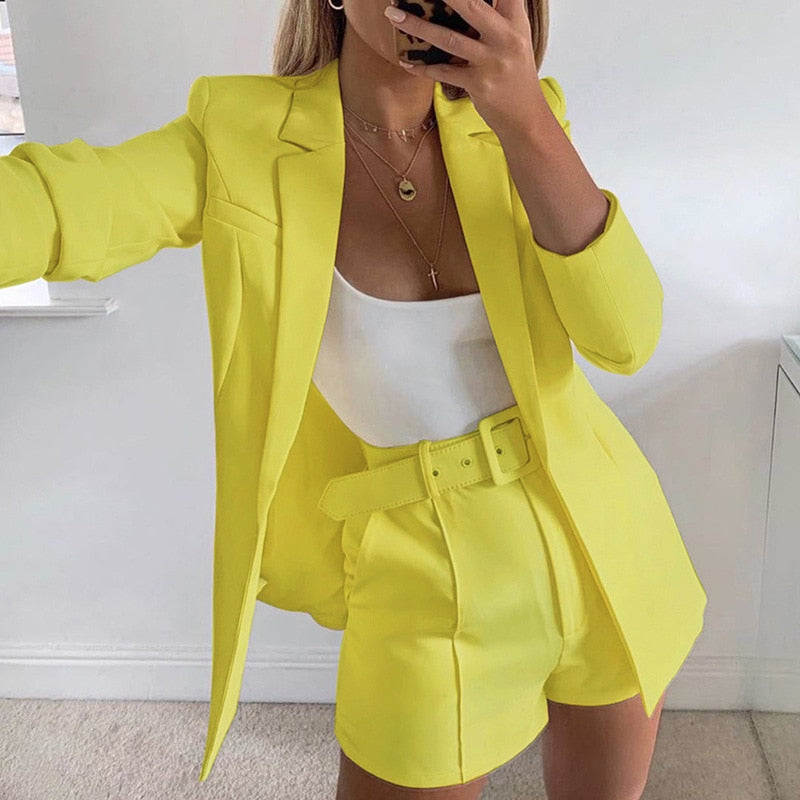 Aovica Women Two Piece Suit Long Sleeve Coat And Shorts Set Solid Color Blazer Single Button Yellow Blazers With Shorts Sets Outfits