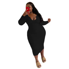 Aovica Plus Size Women Clothing O-Neck Solid Midi Dress Bodycon  Fall Elegant Long Sleeve Dresses Party