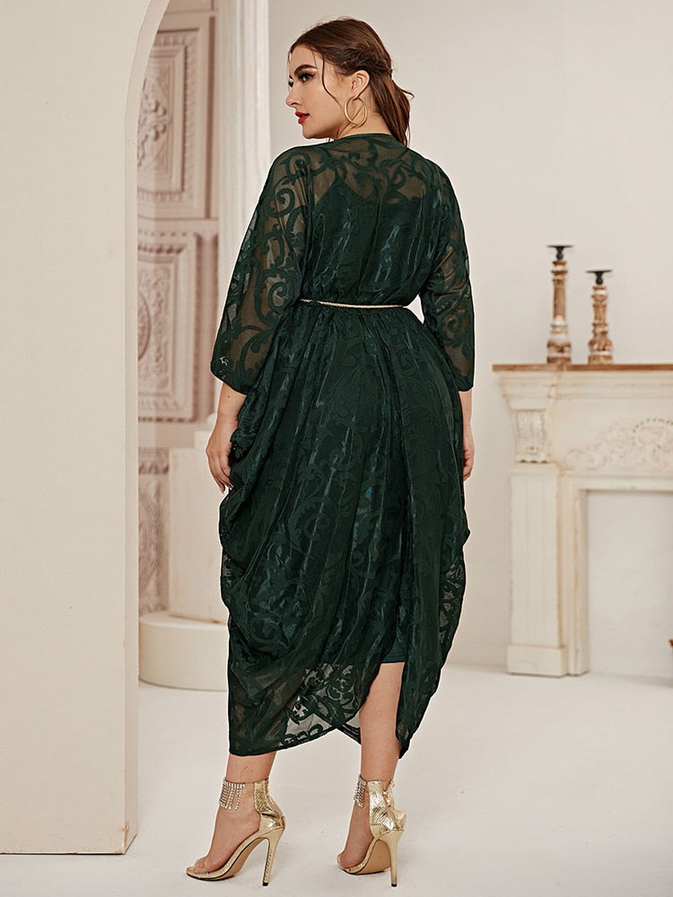 Aovica  Women's Elegant Plus Size Oversized Midi Dresses 2022 Spring Green Belt Large Muslim Evening Party Festival Rave Clothing