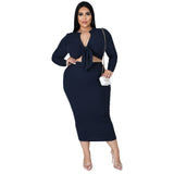 Aovica Cotton Rib Sunken Stripe Casual 2 Piece Suit Club Urban Fall Clothes Women's Plus Size Sets Long Sleeve  Top Skirt