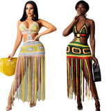 Summer Long Slim Tassel Halterneck Beach Dress Sleeveless Low-cut Cut Out Waist Design Elegant Goddess Style For Women