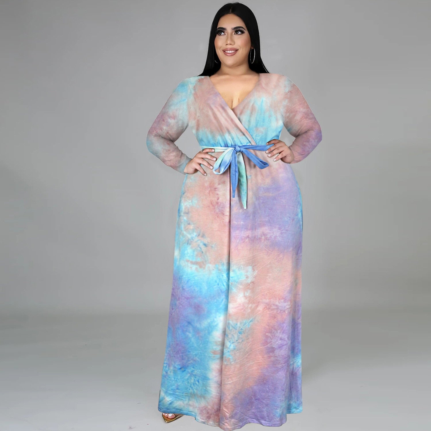 Aovica Women Clothing Plus Size Dresses 2022 New Autumn Large Elegant Casual Dress Tie Dye Slit Belt Long Sleeve Dress 5XL Urban