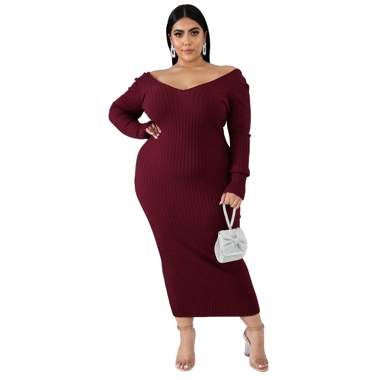 Aovica Rib Sunken Stripe Knitted Cotton Dress Solid Color Women Casual Plus Size Dresses Fashion Autumn Winter Long Clothes 2022