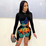 Patchwork Bandage Two Pieces Set Women O Neck Long Sleeve Top And Laced Up Shorts Suits Bodycon 2 Pieces Matching Outfits