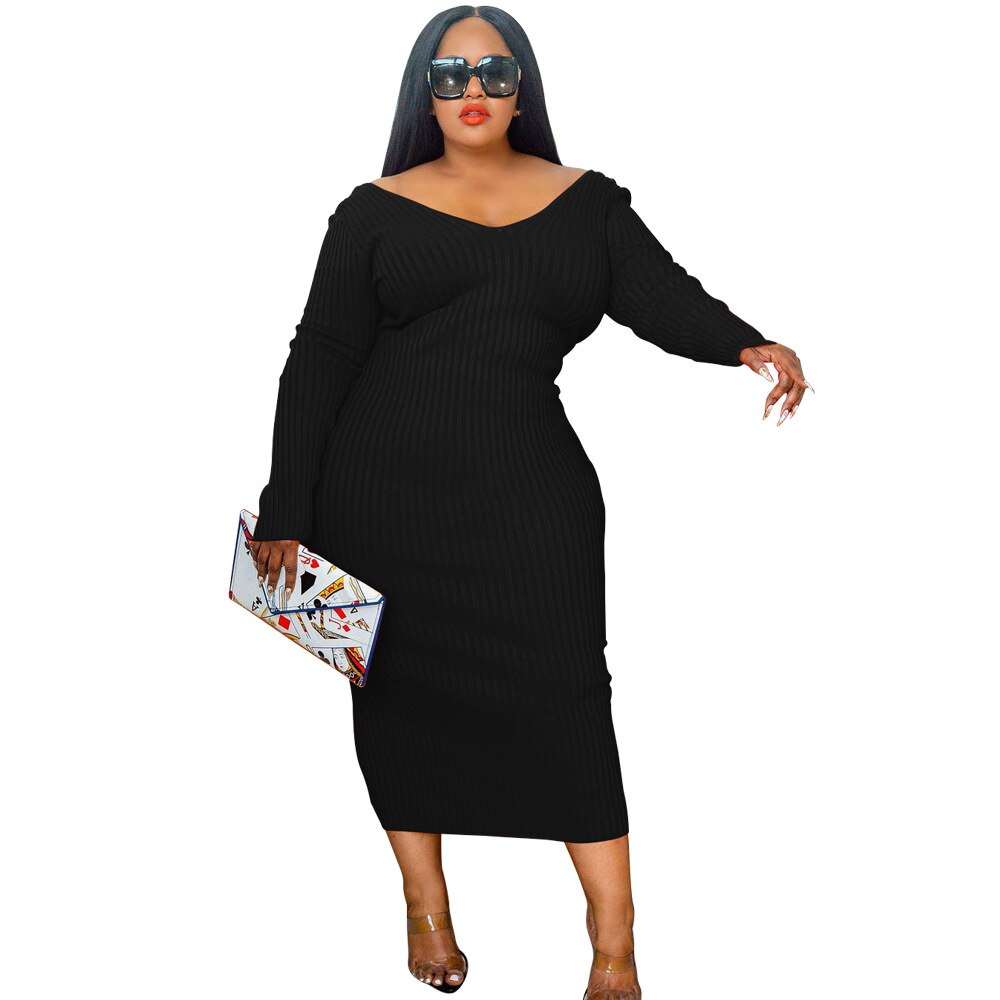 Aovica Women Clothing Plus Size Dresses 2022 New Autumn Urban Casual Fashion Rib Dress Solid Color V-neck Big Pit Stripe Large