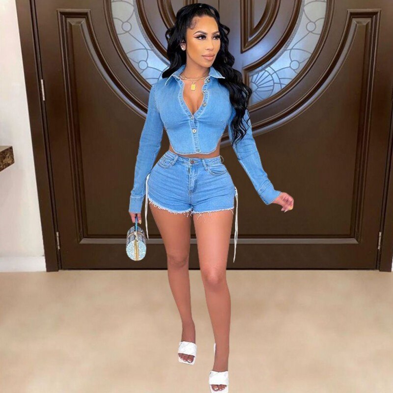 Two 2 Piece Short Set Fashion  Women Outfits Denim Tassel Shorts And Turn Down Collar Backless Jacket Shirt Top Suit