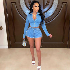 Two 2 Piece Short Set Fashion  Women Outfits Denim Tassel Shorts And Turn Down Collar Backless Jacket Shirt Top Suit