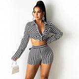 Loung Wear Tracksuit Women Shorts Set Stripe Long Sleeve Shirt Tops And High Waisted Mini Shorts Two Piece Matching Set 2021