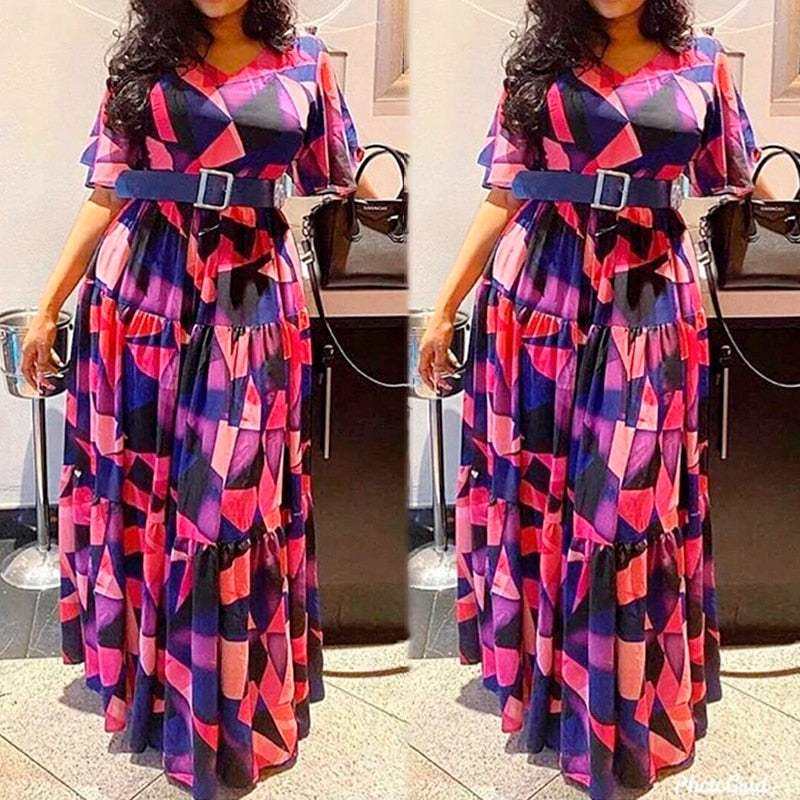 Aovica  2023 Summer Autumn Women's Dress African Print Boho Long Dresses Elegant Short Sleeve Chiffon Robe Party Gowns Lady Outfits