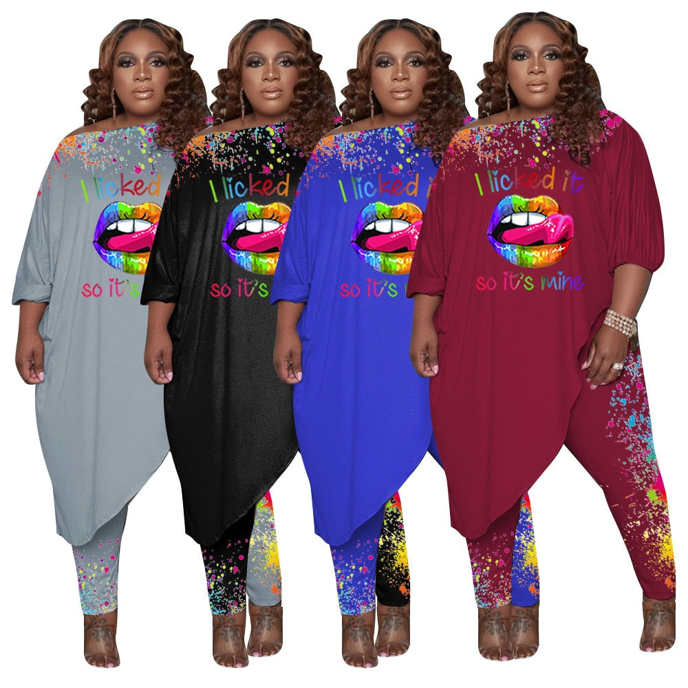 Aovica Plus Size Sets 5XL 2 Piece Outfits Women Fall Clothes Wholesale O Neck Loose Lip Top Long Style Leggings Tracksuit Dropshipping