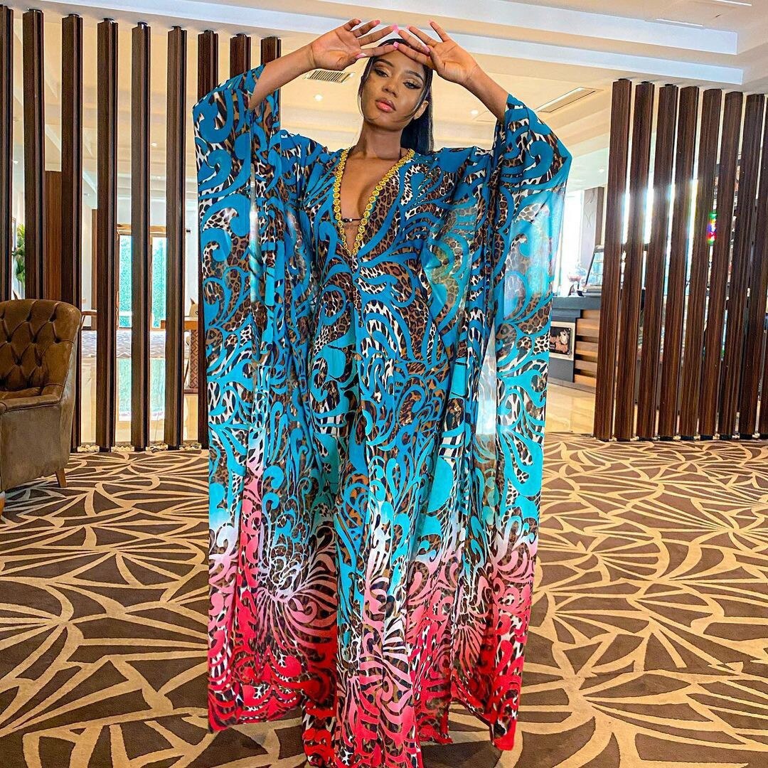 Women Printed Two Pieces Set Tops Bawting Sleeve V Neck Loose High Waist Wide Leg Pants African Fashion Matching Sets Suits New