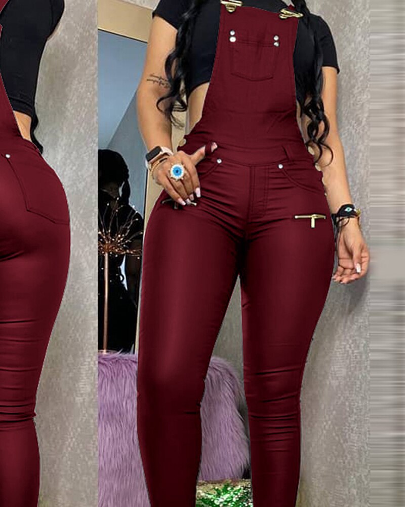 Aovica 2023 Women Fashion Elegant Casual Buckled Zipper Design Suspender Jumpsuit Square Neck Thick Strap Pocket PU Pockets
