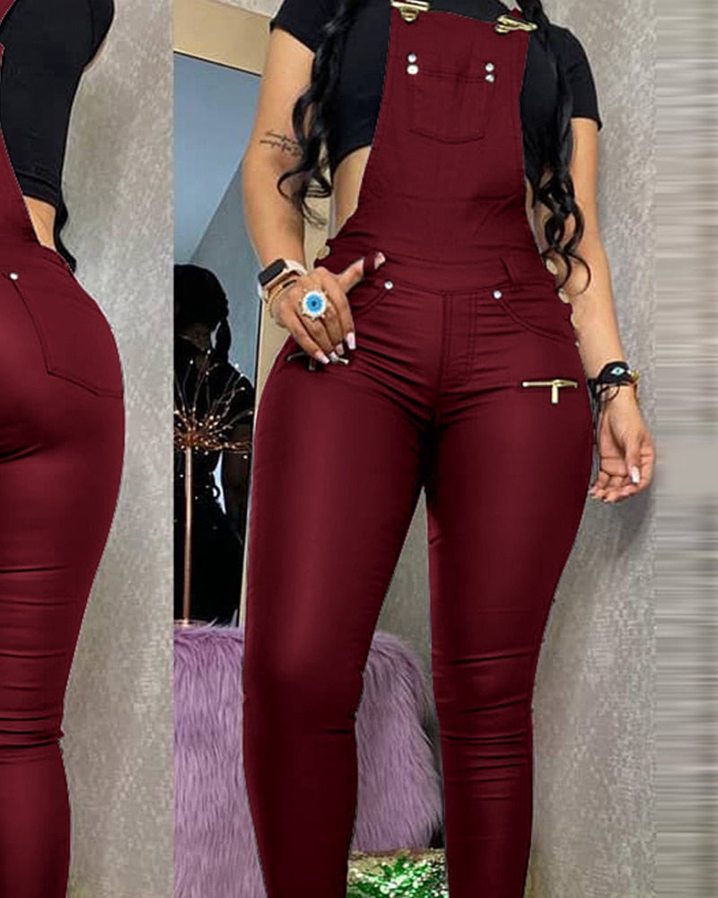 Aovica 2023 Women Fashion Elegant Casual Buckled Zipper Design Suspender Jumpsuit Square Neck Thick Strap Pocket PU Pockets