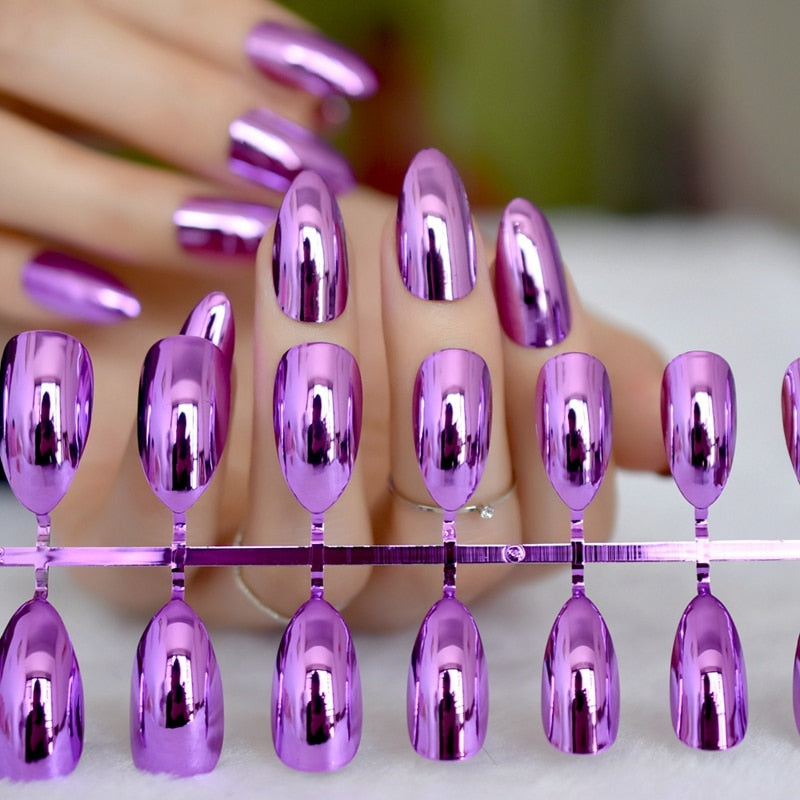 Mirror Silver False Nails STILETTO Point Metallic Acrylic Nail Tips 24pcs/kit Easy for Daily wear