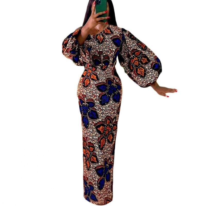 Aovica Women Maxi Dresses Long Lantern Dress Christmas Round Collar Bodycon  Shiny Celebrate Occasion African Robes Birthday Event