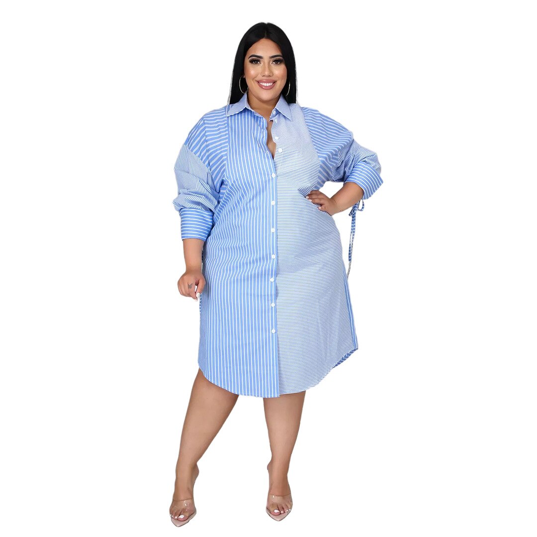 Aovica 2023 Plus Size Women Clothing Fashion Splicing Stripe Printing Long Sleeve Casual Shirt Dress