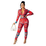 Aovica 2 Piece Set Spring Autumn  Print Women Long Sleeve Shirt Blouse Top And Pants Sets Outfits Tight Fashion Vintage Streetwear