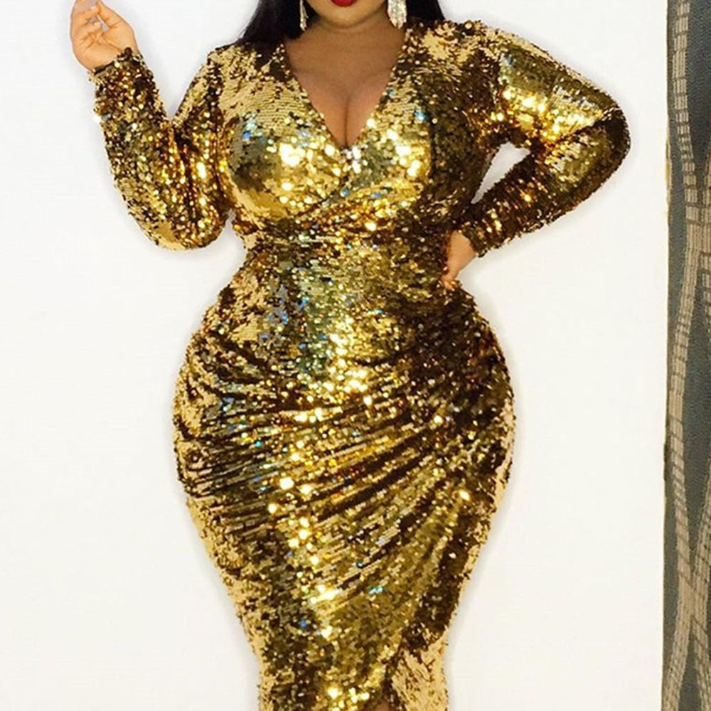 Aovica Plus Size Night Club Dress For Women 2023 Glitter Shiny Luxury Golden Large Sizes Autumn Long Sleeve Bodycon Ruched Sequin Dress