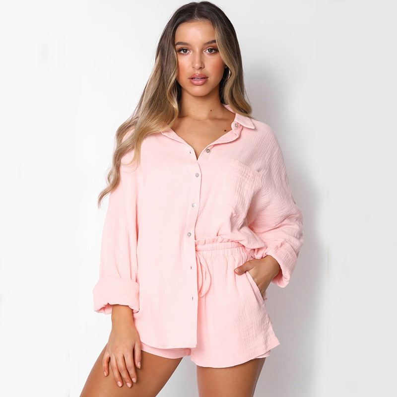 Casual Loose 2 Piece Sets Women Turn-Down Collar Long Sleeve Single-Breasted Button Blouse Shirts And High Waist Shorts  Set