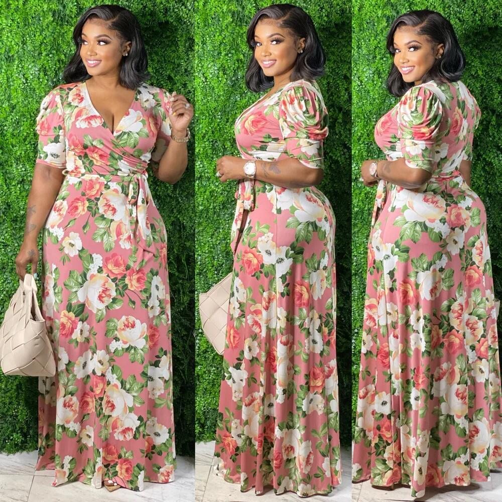 Aovica Plus Size Summer Dress  Women Long Dresses With Lace Up V Neck High Waist Ladies Vacation Floral Dress