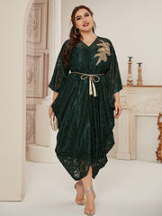 Aovica  Women's Elegant Plus Size Oversized Midi Dresses 2022 Spring Green Belt Large Muslim Evening Party Festival Rave Clothing