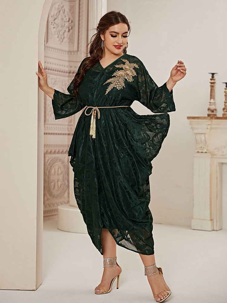 Aovica  Women's Elegant Plus Size Oversized Midi Dresses 2022 Spring Green Belt Large Muslim Evening Party Festival Rave Clothing