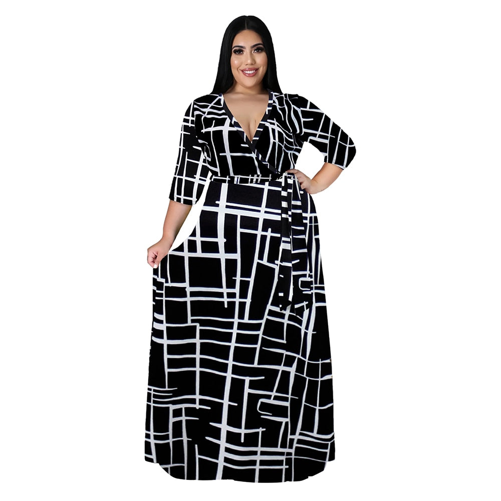 Aovica Autumn Winter Long Dress Women V Neck half Sleeve Retro Geometric Printing Vintage Dress 5XL  Plus Size Wrap Dress