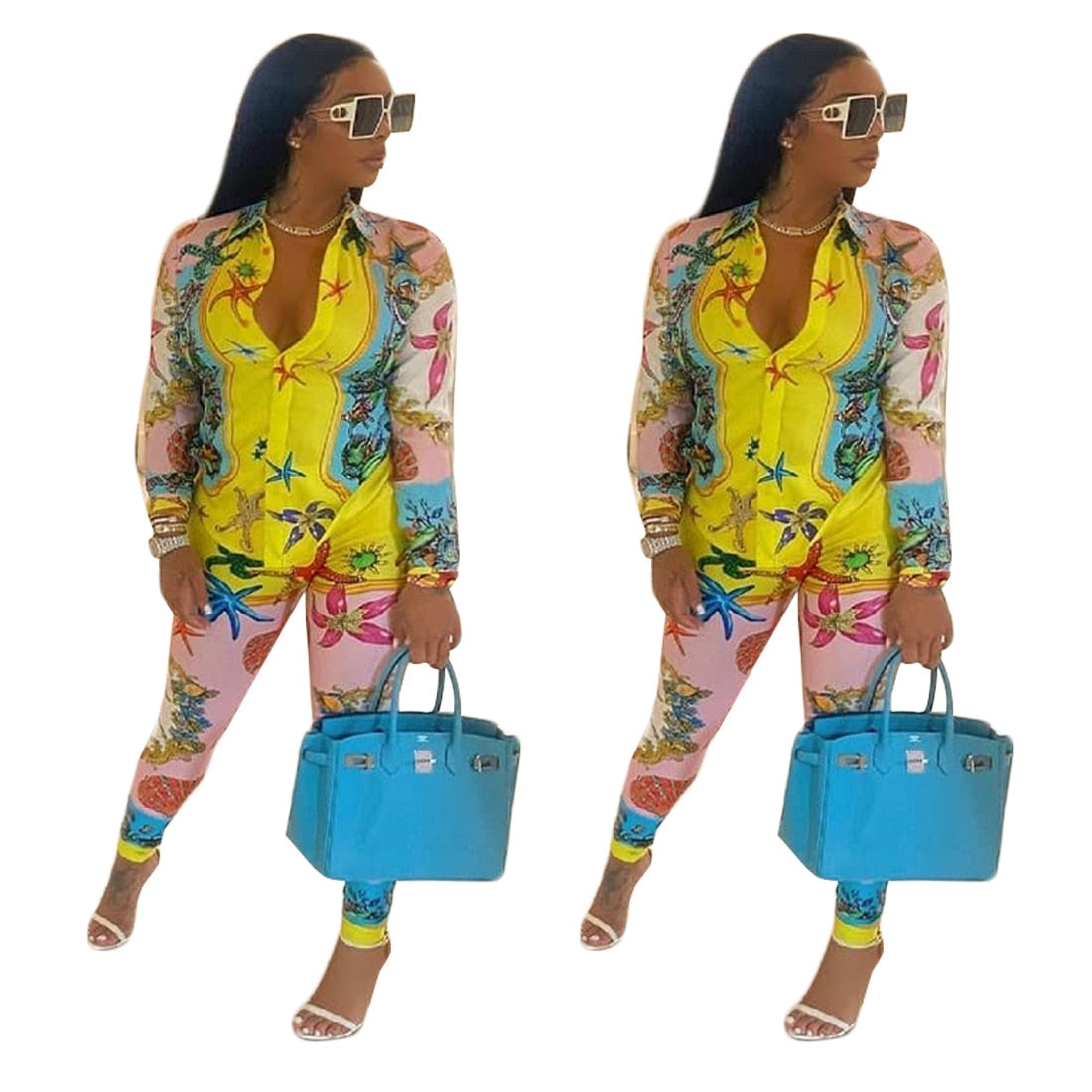 Print 2 Piece Set Spring Autumn Women Long Sleeve Shirt Blouse Top And Pants Sets Outfits Fashion Vintage Matching Sets