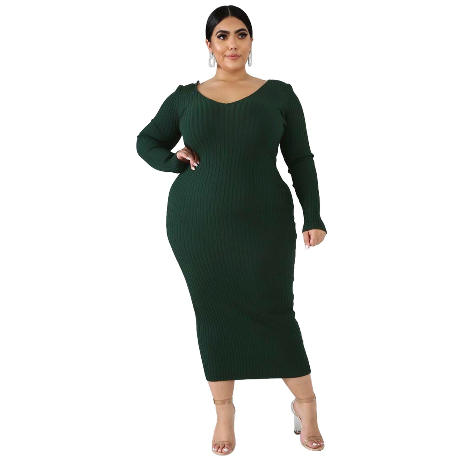Aovica Rib Sunken Stripe Knitted Cotton Dress Solid Color Women Casual Plus Size Dresses Fashion Autumn Winter Long Clothes 2022