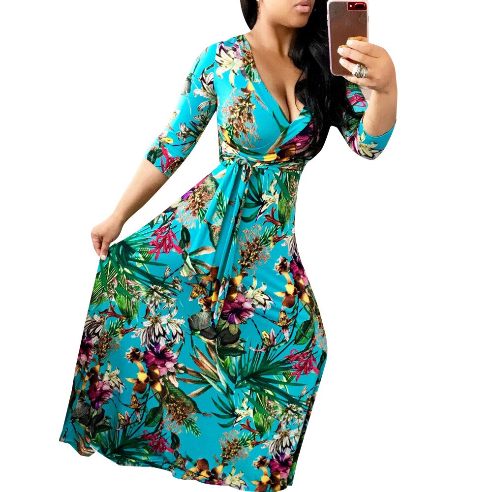 Aovica Spring Summer Women Dress  Party Dresses Vestidos Plus Size Cross V Neck Print Bandage Big Hem Loose Maxi Dress 2023