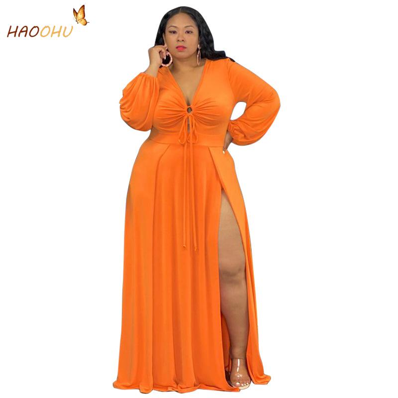 Aovica  Split Hollow Lace Plus Size Dress Fall Women's Clothing 2023 Casual Fashion Long Sleeve Floor Dresses Solid Color