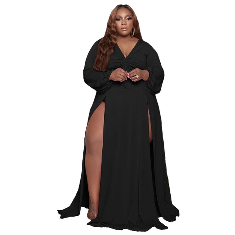 Aovica Plus Size 5xl  Dress Women Summer Wholesale Summer  Solid V Neck Hollow Out Lace Up Slip Hem Maxi Dresses 2023 Dropshipping