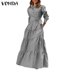 Aovica 2022 Summer Bohemian Plaid Shirt Dress  Women Long Sleeve Party Dresses Casual Lapel Button Vintage Belted Pockets Sundress