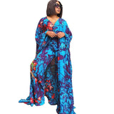 Two Pieces Set 2021 Women Printed Irregular Tops Bawting Sleeve V Neck Loose High Waist Wide Leg Pants African Fashion Suits New